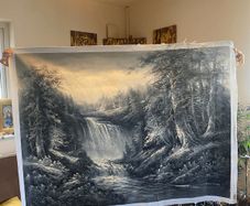 Large Hand Painted Oil on Canvas - B&W Country Scene