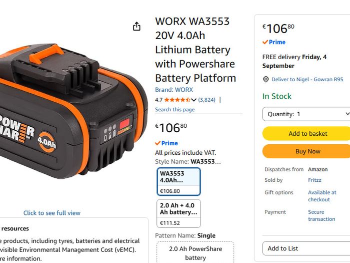 Worx WA3553 20V 4.0Ah Li-Ion PowerShare Pro Battery