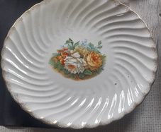 Large Old Plate Colorful Floral Bouquet and Scalloped Swirled Edges, Postage Available