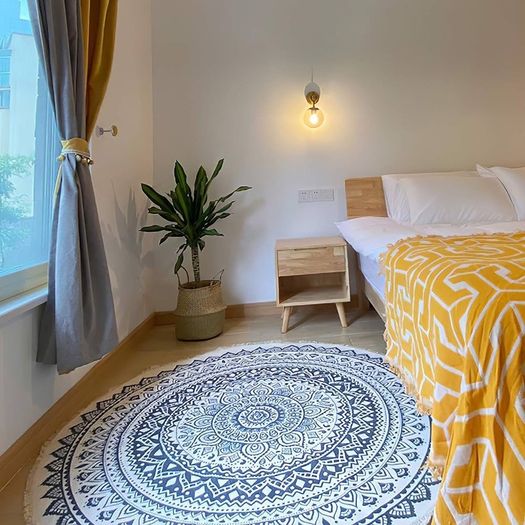 Round Rugs 120cm Cotton Area Rug Machine Washable Hand Woven Tassels Carpet Chic Bohemian Pattern Floor Mats for Bedroom Living Room Sofa Coffee Table Swing Chair Bed Side, Navy Blue