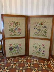 Edwardian mahogany-framed room divider screen with embroidered panels.