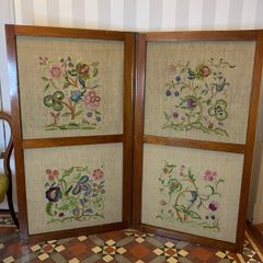 Edwardian mahogany-framed room divider screen with embroidered panels.