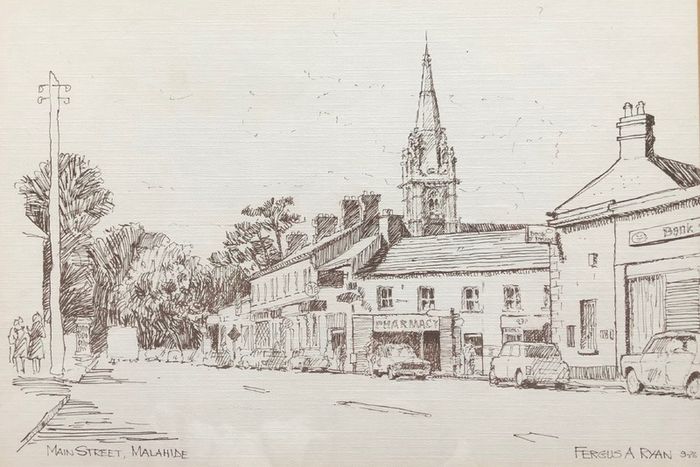 Fergus A Ryan Drawing of Malahide Main Street