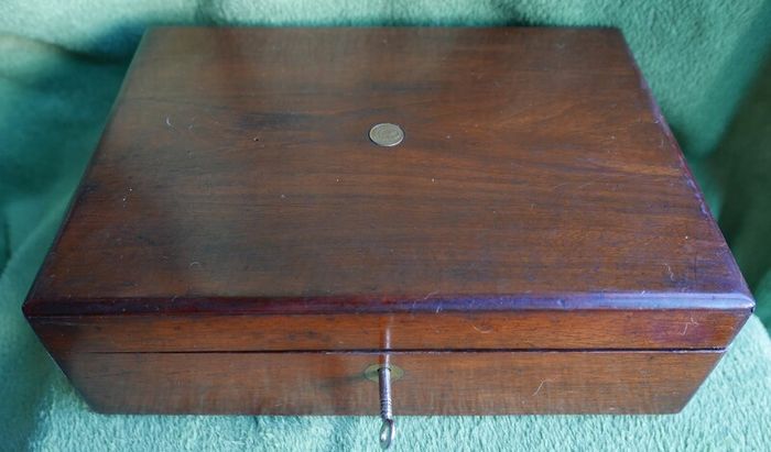 Antique 1800s Wood Folding Portable Travel Writing Lap Desk Campaign Box Case Key
