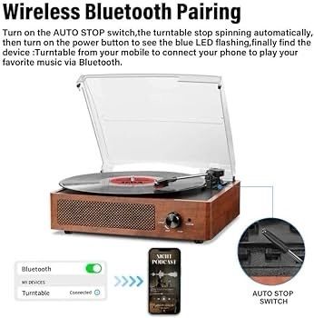 NEW SALE Bluetooth Record Player Belt-Driven 3-Speed Turntable, Vintage Vinyl Record Players Built-in Stereo Speakers, with Headphone Jack/Aux Input/RCA Line Out, Wooden