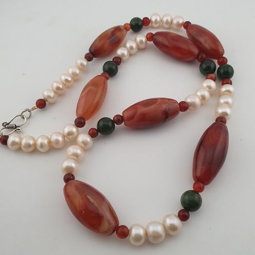 Vintage African Carnelian Statement Necklace with Genuine Pearls & Green Jade Beads