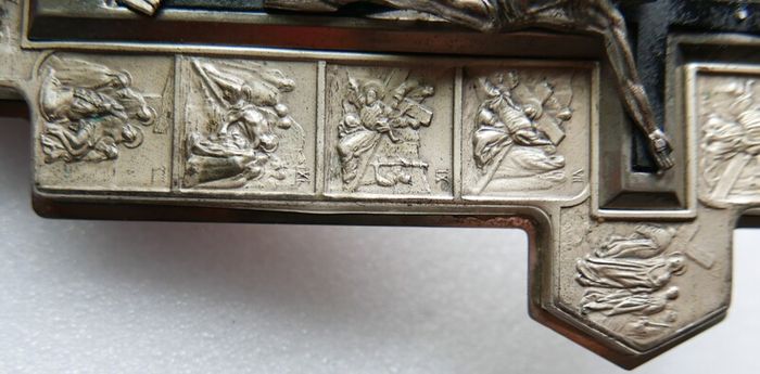 Vintage Wall Crucifix Featuring Embossed Plaques Depicting the 14 Stations of the Cross