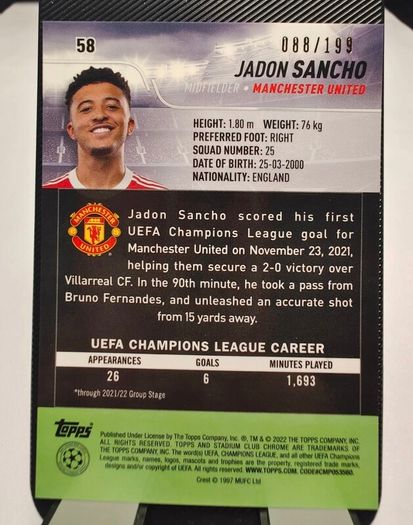 Topps Stadium UEFA #58 Jadon Sancho Manchester United Aqua/Green /199