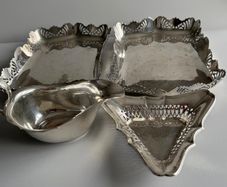 4-Piece Vintage Sheffield Silver-Plated Table Serving Bundle - Pierced Trays & Sauce Boat