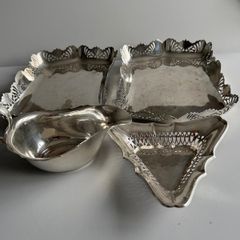4-Piece Vintage Sheffield Silver-Plated Table Serving Bundle - Pierced Trays & Sauce Boat