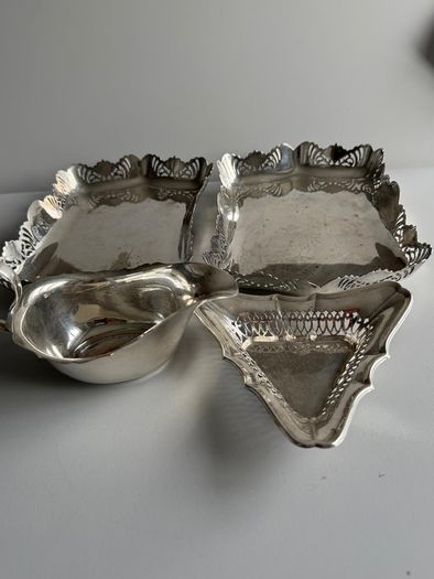 4-Piece Vintage Sheffield Silver-Plated Table Serving Bundle - Pierced Trays & Sauce Boat