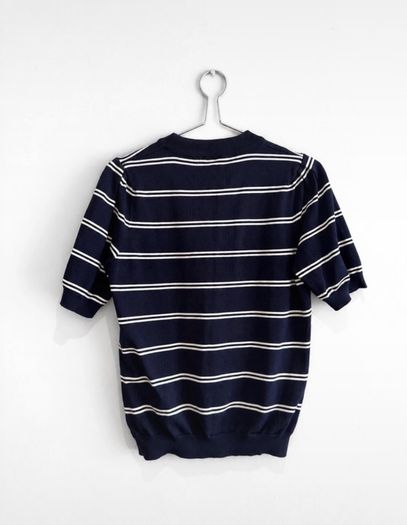 Pre Owned Savida Navy & White Striped Short Sleeve Fine Knit Top