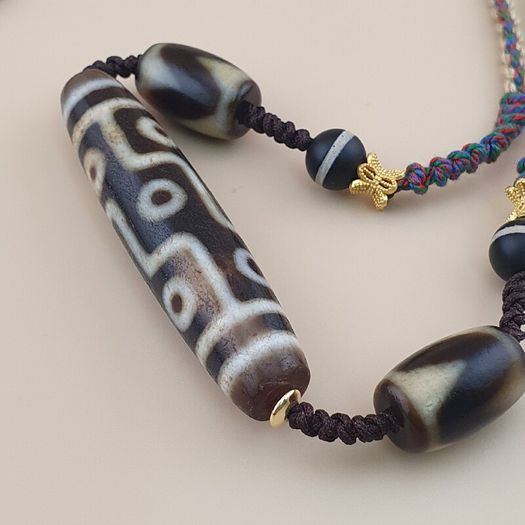 Antique Style Vintage Himalayan 9 Eyes Agate Dzi Bead Pendant Necklace