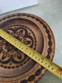 Vintage 1960s Polish Folk Art Handcrafted Carved Wood Plate for wall hanging. 11 inches dimeter or  28 CM.