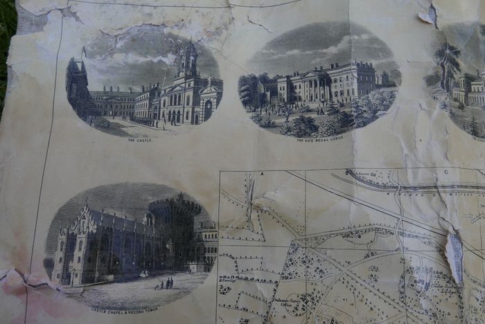 Antique DUBLIN. Map of Dublin & Suburbs with 22 vignettes of Dublin landmarks. Published by Edward Heffernan, 1st June, 1868, 12 Charleville Road, Rathmines. 28" x 22,5". Linen backed. Frayed at edges