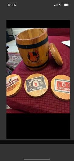 Vintage Cruzcampo Timber Barrel & Coasters Set