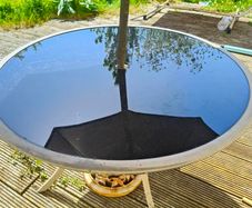 Garden table, black glass top + umbrella with stand