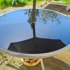 Garden table, black glass top + umbrella with stand