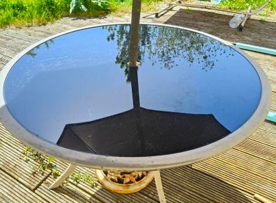Garden table, black glass top + umbrella with stand