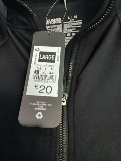 Dunnes black activewear jacket, size large, new with tags