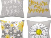 Floral yellow and grey cushion covers for sofa, Double sided letter-printed throw pillow covers, Pack of 4 square daisy pillowcase for living room & bedroom 40 cm x 40 cm(16 x 16 inch)