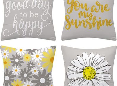 Floral yellow and grey cushion covers for sofa, Double sided letter-printed throw pillow covers, Pack of 4 square daisy pillowcase for living room & bedroom 40 cm x 40 cm(16 x 16 inch)