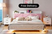 King Size Bed Frame 150x200cm, Floating Upholstered Platform Bed with LED Lights &amp; USB Charging, 5ft Heavy Duty Metal Bed Frame with Headboard Storage, Noise-Free, No Box Spring Needed, Pink