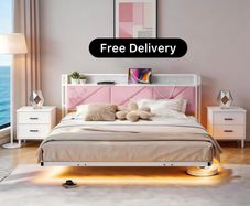 King Size Bed Frame 150x200cm, Floating Upholstered Platform Bed with LED Lights & USB Charging, 5ft Heavy Duty Metal Bed Frame with Headboard Storage, Noise-Free, No Box Spring Needed, Pink