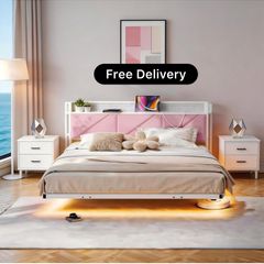 King Size Bed Frame 150x200cm, Floating Upholstered Platform Bed with LED Lights & USB Charging, 5ft Heavy Duty Metal Bed Frame with Headboard Storage, Noise-Free, No Box Spring Needed, Pink