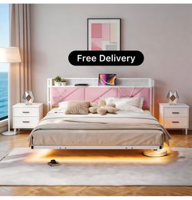 King Size Bed Frame 150x200cm, Floating Upholstered Platform Bed with LED Lights & USB Charging, 5ft Heavy Duty Metal Bed Frame with Headboard Storage, Noise-Free, No Box Spring Needed, Pink