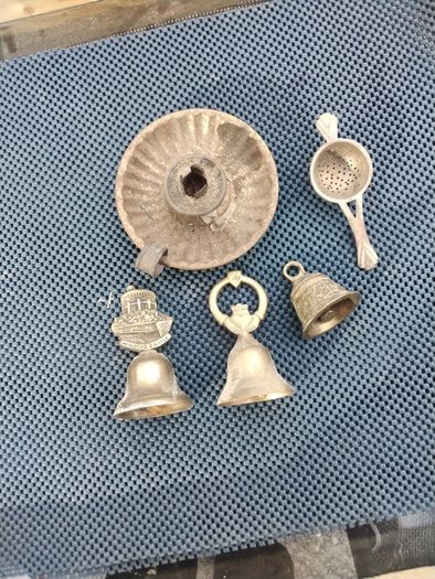 Old brass bells & candle holder & tea strainer