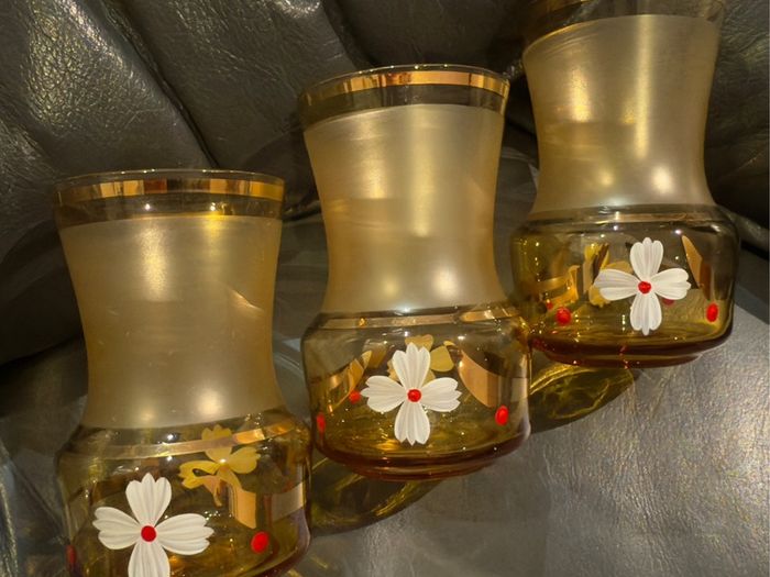 Vintage 3 Gilded Cherry Goblets. Bohemian Glass. Czechoslovakia