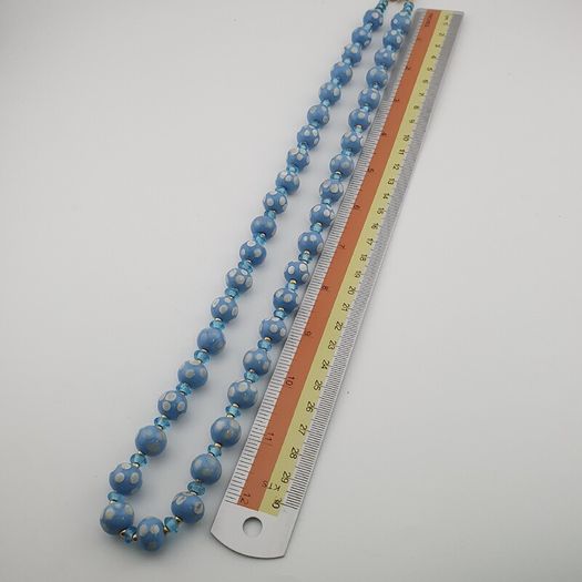 Vintage Venetian Style Light Blue White Dotted Glass Beads Necklace