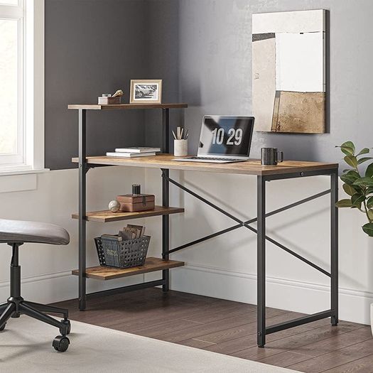 FREE SHIPPING Small Computer Desk with Shelves 100x50x98 cm, Home Office Desk, Study Writing Office Table, 4 Tier Shelf, Brown