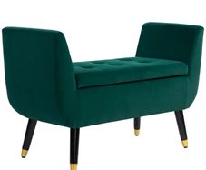 Upholstered bench with storage, armrests, velvet-like polyester, rubberwood, 107 x 42 x 65 cm, Green