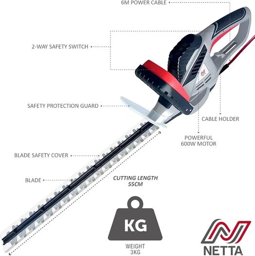 Hedge Trimmer and Cutter - 600W - 55cm Diamond Cutting Blade - 16mm Tooth Opening - 6M Power Cable - Ultra-Light 2.5Kg - Two-Way Safety Switch - Soft Grip Handle