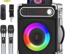 SALE | Karaoke Machine with 2 Wireless Microphones, Bluetooth 5.1 Karaoke Speaker Bass/Treble Adjustment, PA System with Remote Control, LED Lights Supports TF Card, AUX, TWS, FM, REC for Party/Adults/Kids