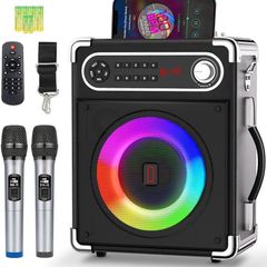 SALE | Karaoke Machine with 2 Wireless Microphones, Bluetooth 5.1 Karaoke Speaker Bass/Treble Adjustment, PA System with Remote Control, LED Lights Supports TF Card, AUX, TWS, FM, REC for Party/Adults/Kids