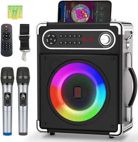 SALE | Karaoke Machine with 2 Wireless Microphones, Bluetooth 5.1 Karaoke Speaker Bass/Treble Adjustment, PA System with Remote Control, LED Lights Supports TF Card, AUX, TWS, FM, REC for Party/Adults/Kids