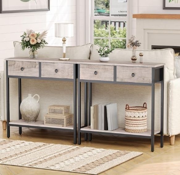 Narrow Console Table with 2 Drawers, Hallway Table with Storage, Sofe Table, Small Side Table for Small Spaces, Living Room, Entryway, Kitchen, Greige and Black