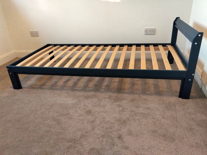 Single Ikea Neiden wooden bed, blue, with mattress