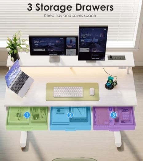 Electric Standing Desk, 120 x 54cm Height Adjustable Desk with 3 Drawers, RGB LED Strip & Charging Station for Home Office Computer Workstation, Computer Table with Monitor Stand, White
