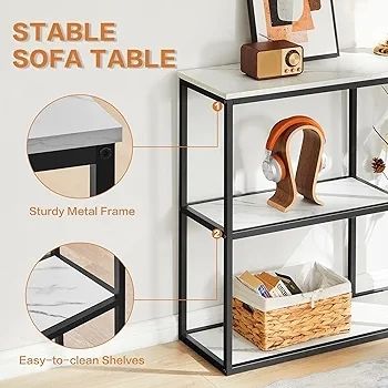 Console Table 30cm Narrow Entryway Table for Living Room 80cm Modern Industrial Sofa Table with 3-Tier Storage Shelves for Corridor, Hallway, White Marble