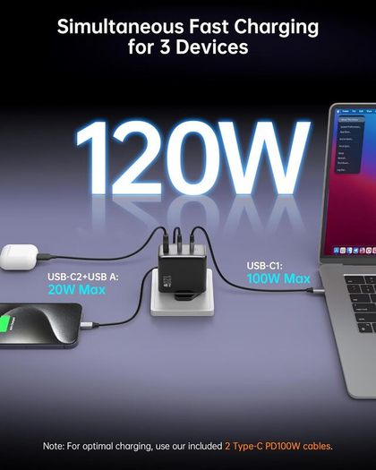USB C Charger, MacBook Pro/Air Charger, 3-Port 120W GaN Fast Charger, PD3.0, PPS, USB Plug UK, USB-C Laptop Charger for MacBook Pro, MacBook Air, iPhone 16/15, Galaxy S24/S23, iPad, Laptops