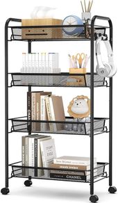 4-Tier Rolling Cart,Easy Assemble Mobile Storage Trolley On Wheels,Slide Out Utility Cart Shelving Units Kitchen Bathroom Laundry Room,Black