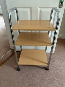3 shelf wood and metal trolley on wheels.