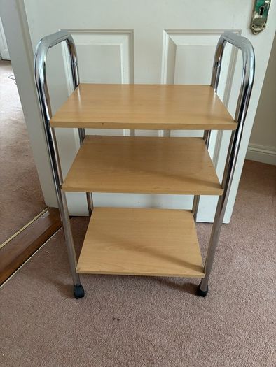 3 shelf wood and metal trolley on wheels.