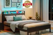 Double Bed Frame with Storage Headboard,Charging Station,LED Lights,4ft6 Metal Platform Upholstered Bed Frame Double Bed,for 135 x 190 cm