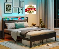 Double Bed Frame with Storage Headboard,Charging Station,LED Lights,4ft6 Metal Platform Upholstered Bed Frame Double Bed,for 135 x 190 cm