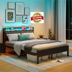 Double Bed Frame with Storage Headboard,Charging Station,LED Lights,4ft6 Metal Platform Upholstered Bed Frame Double Bed,for 135 x 190 cm